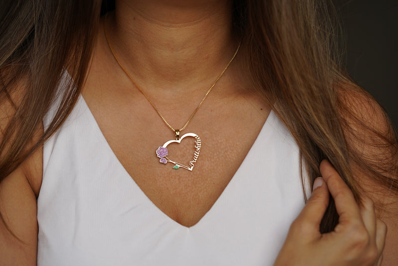 Personalised Heart Name Necklace with Vintage Flower - Purple