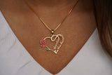 Personalized Double name heart necklace with Vintage Flower - Red