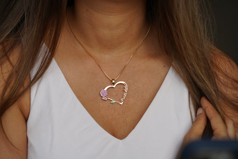 Personalised Heart Name Necklace with Vintage Flower - Purple