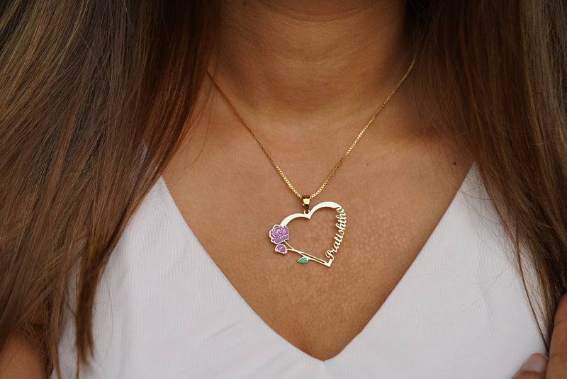 Personalised Heart Name Necklace with Vintage Flower - Purple