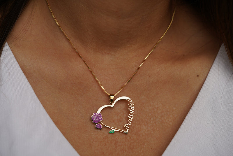 Personalised Heart Name Necklace with Vintage Flower - Purple