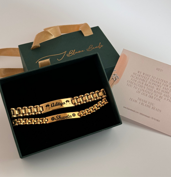 Personalised Name Link Chain Bracelet - Couple Set with gift box and note