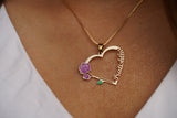 Personalised Heart Name Necklace with Vintage Flower - Purple